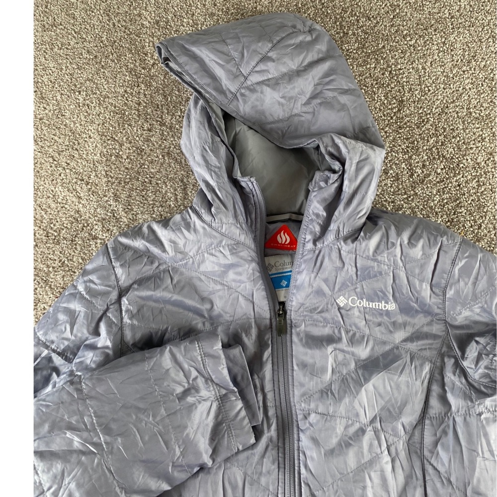 Columbia Omni-Heat Hooded Quilted Parka Jacket Grey Lavender Women Small Long